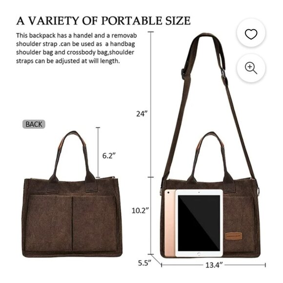 NEW Fashion & Bags Tote Bag Purse Brown Corduroy Crossbody Detachable Strap - Picture 5 of 12